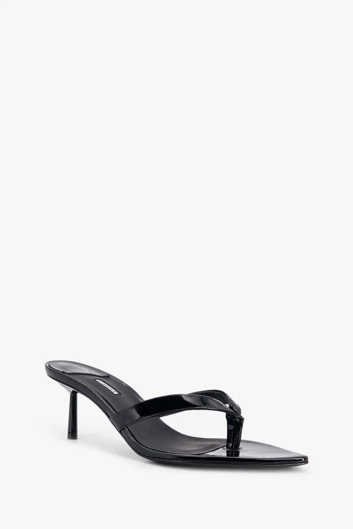 Le Silla women’s Gisele black patent leather thong sandal with a slender heel shown from the back side
