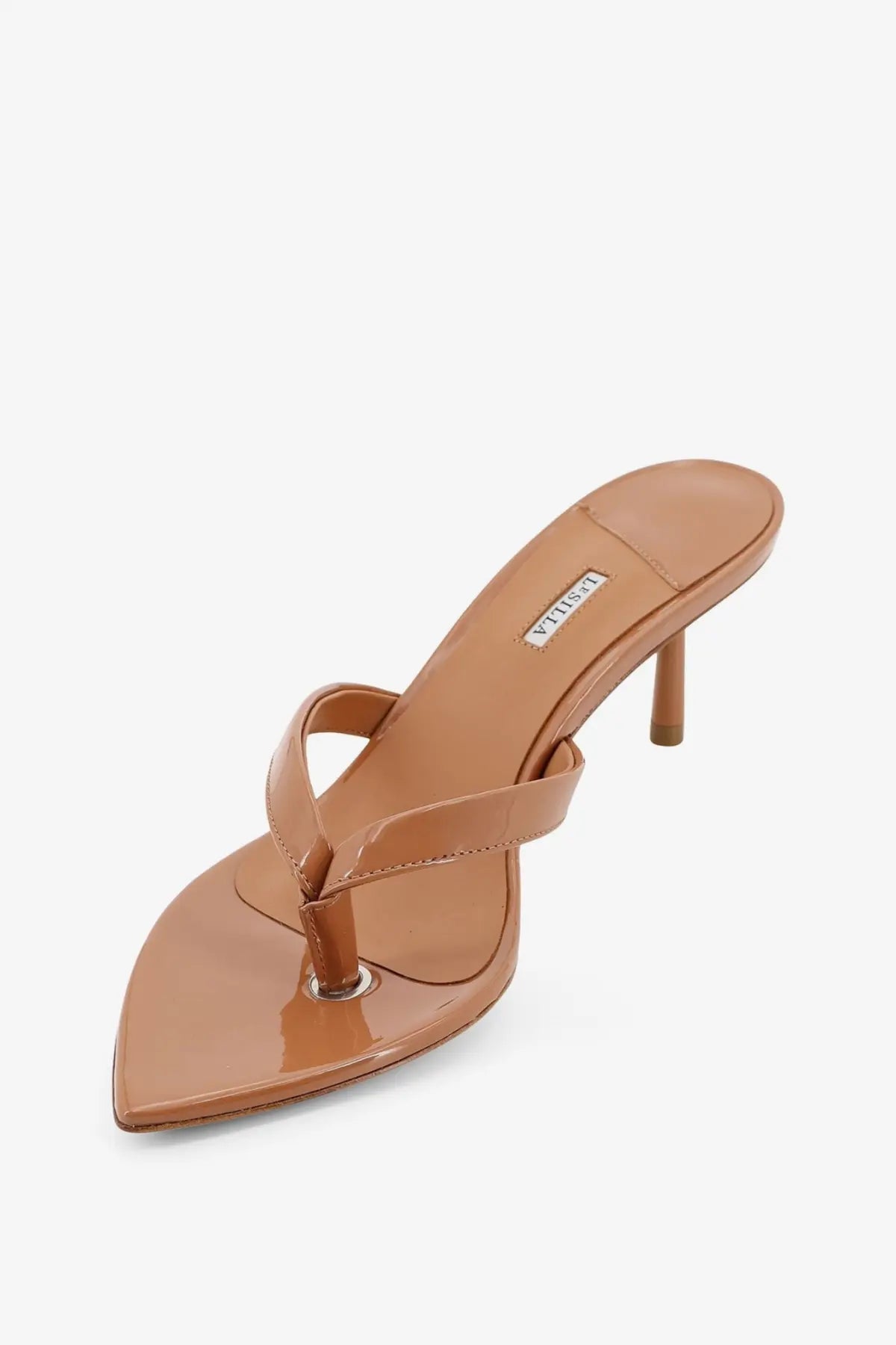 Le Silla women’s Gisele tan patent leather thong sandal with slender heel and pointed toe in brown