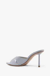 Le Silla women’s gray leather mule sandal with sleek minimalist design and slender high heel from Shirley patent line