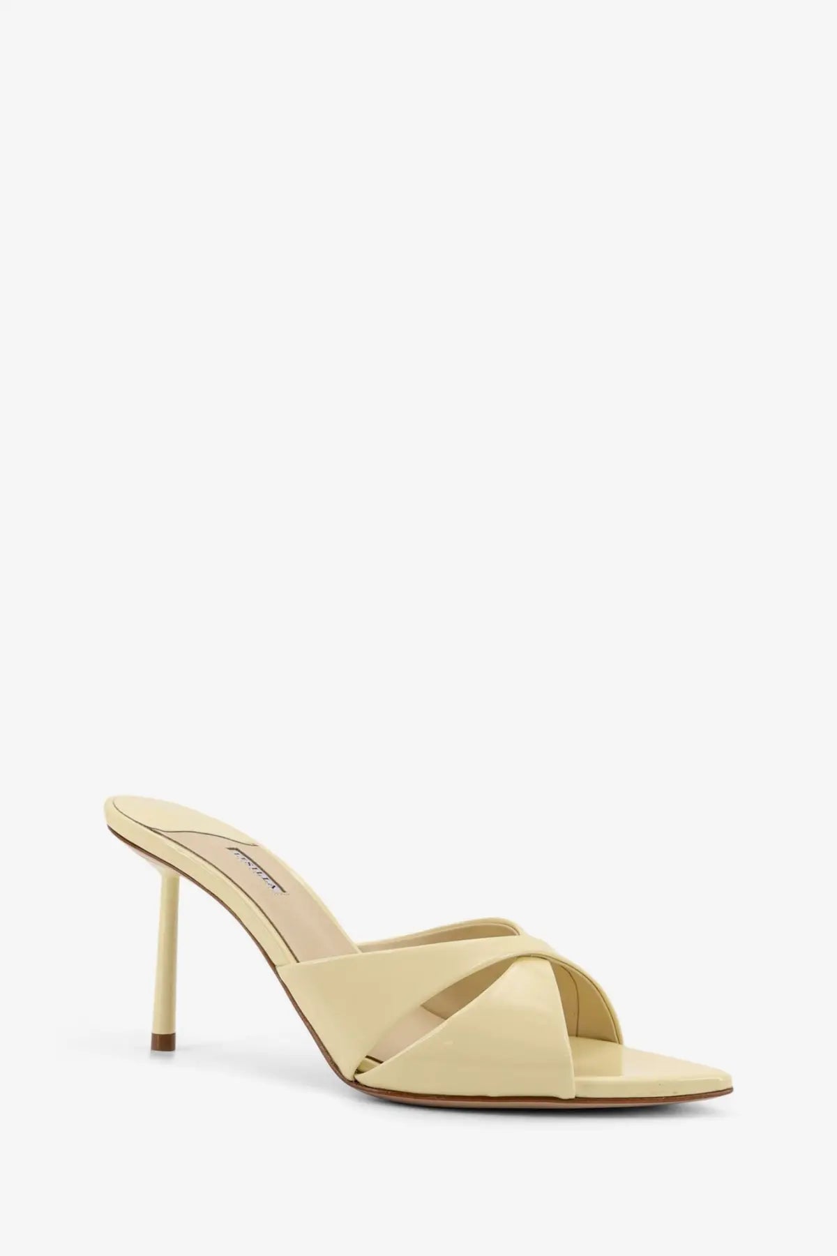 Le Silla women’s Shirley cream patent leather mule sandals with crisscross straps and slender heel in mayo color