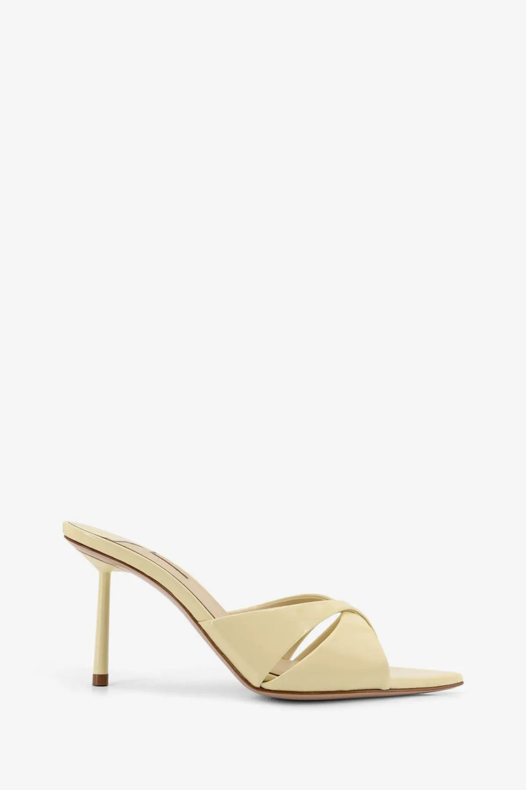 Le silla women’s shirley patent leather cream satin slip-on mule with slender heel and crisscross strap design