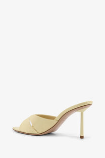 Le silla women’s shirley patent leather sandals mayo cream satin slip-on mule with minimalist design and stiletto heel