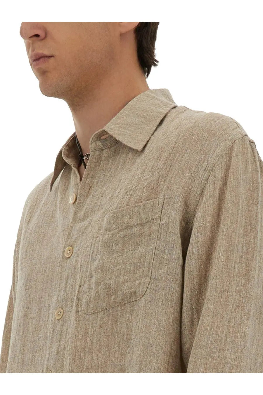 Our Legacy men’s above shirt beige linen button-down with subtle textured weave and matching buttons