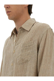 Our Legacy men’s above shirt beige linen button-down with subtle textured weave and matching buttons