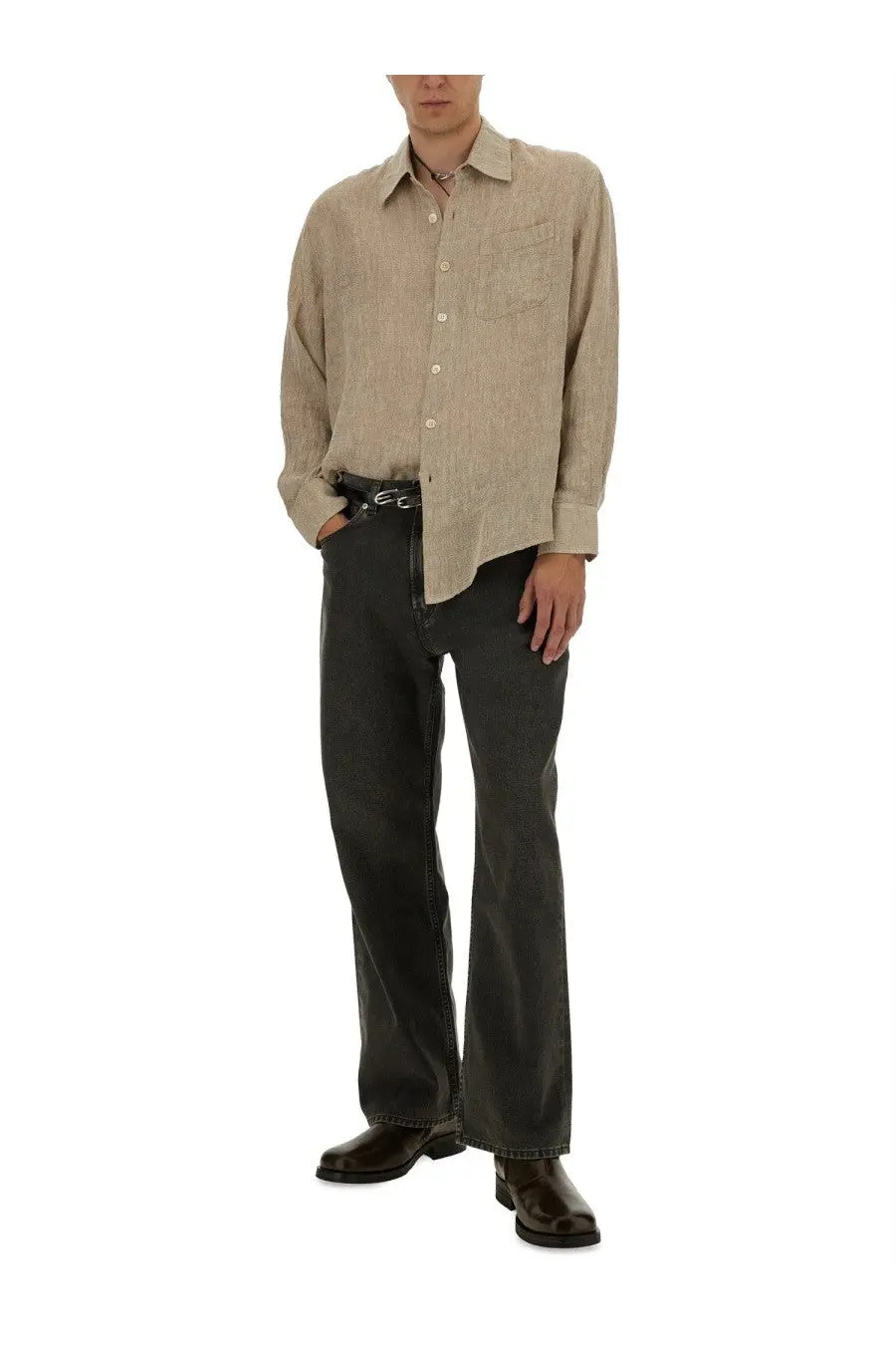 Our legacy men’s above shirt beige linen button-up with subtle textured weave and single chest pocket