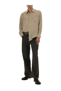 Our legacy men’s above shirt beige linen button-up with subtle textured weave and single chest pocket