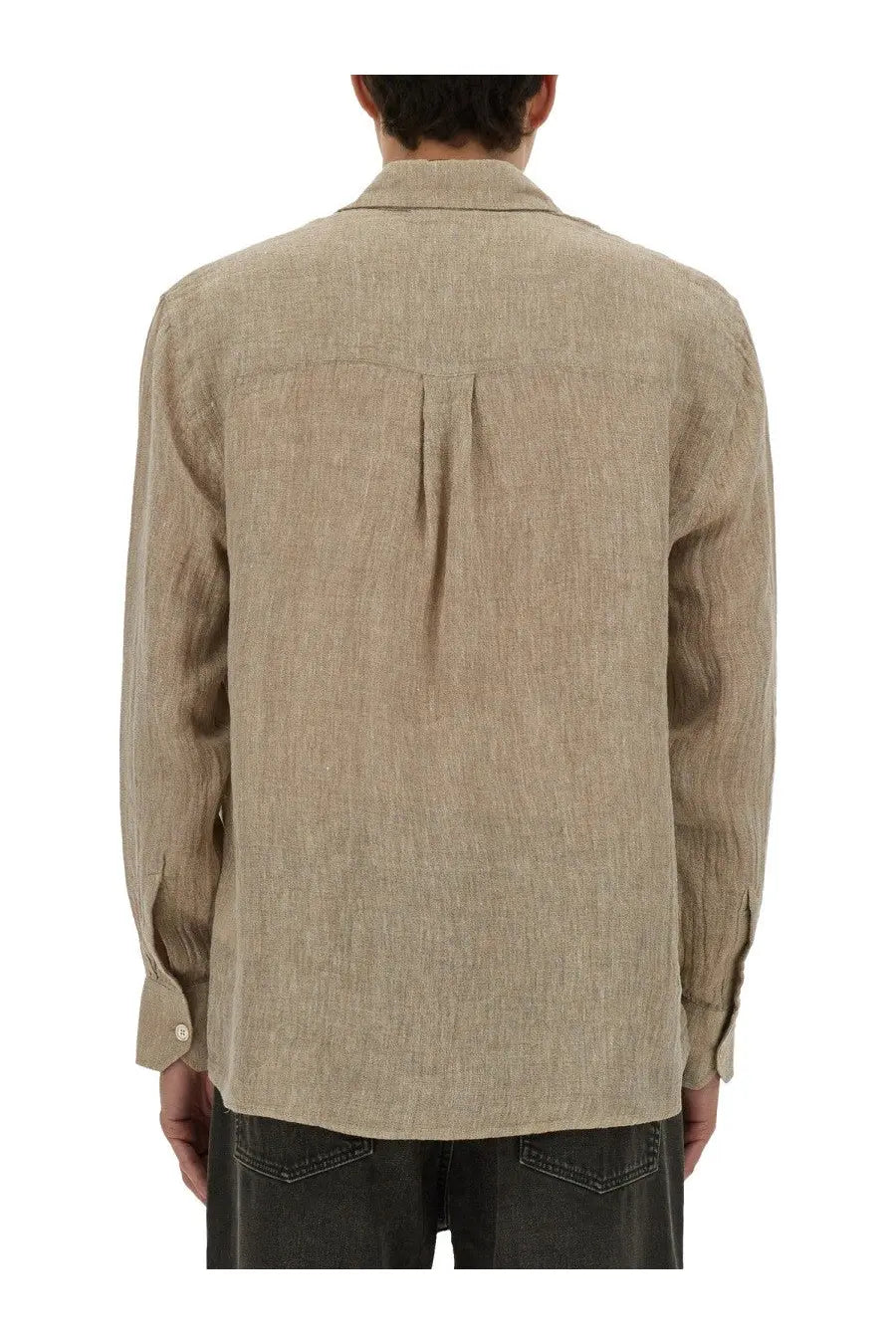 Our Legacy men’s above shirt beige linen with subtle textured weave and classic collar front view