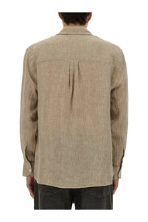 Our Legacy men’s above shirt beige linen with subtle textured weave and classic collar front view