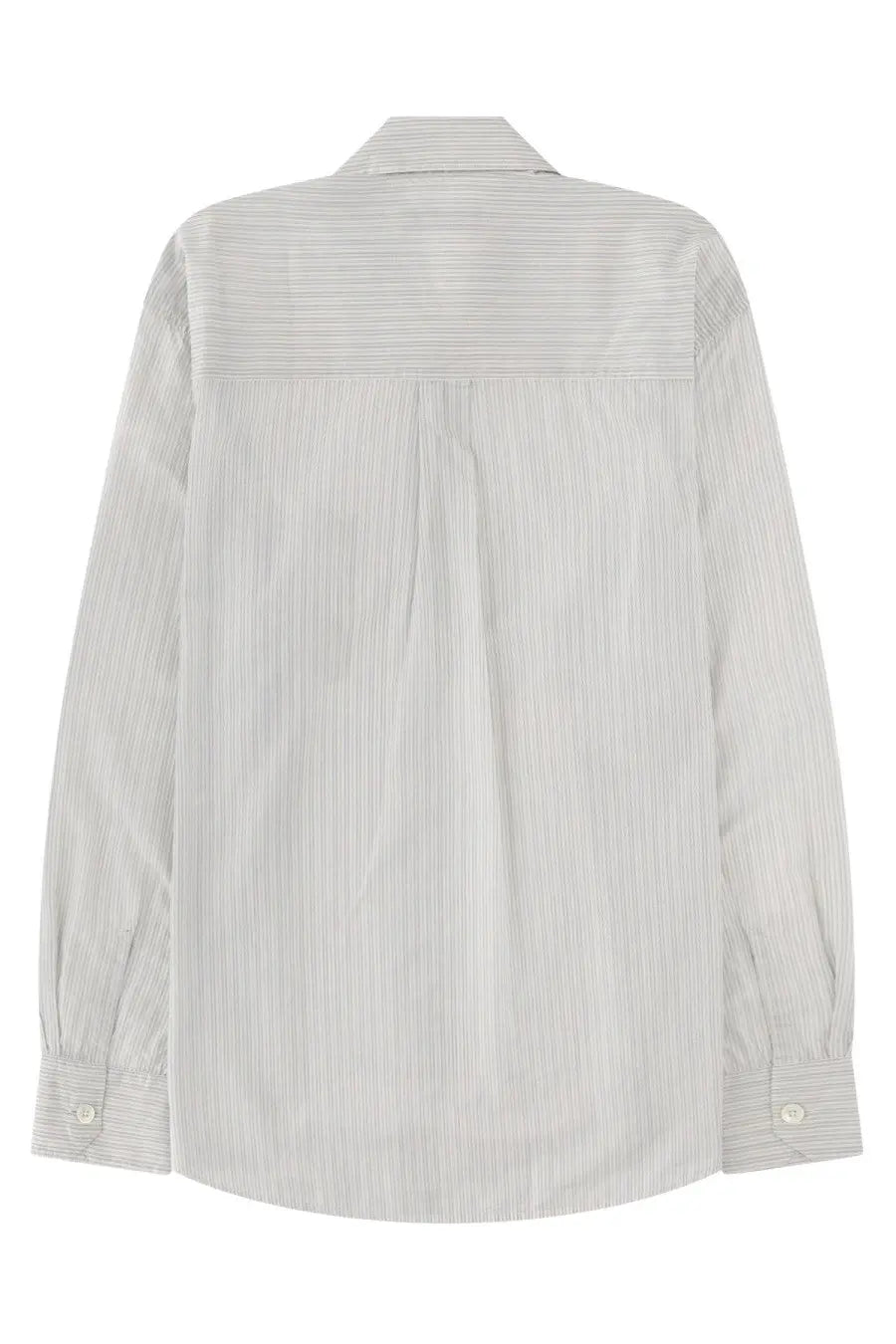 Our Legacy men’s Above Shirt white light gray and white striped long-sleeve button-down with classic collar