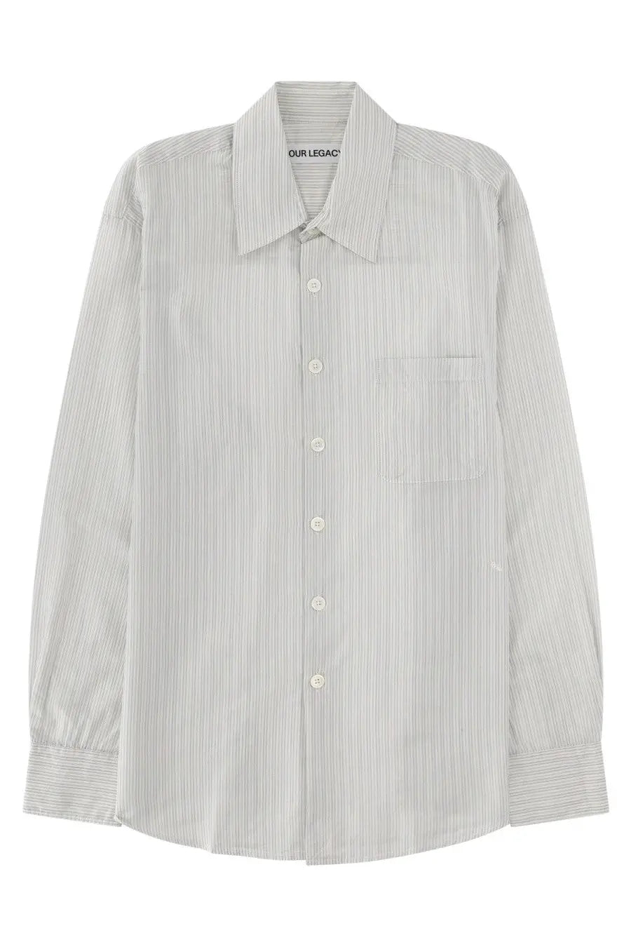 Our Legacy men’s above shirt white is a light gray and white striped button-down shirt with classic collar and chest pocket