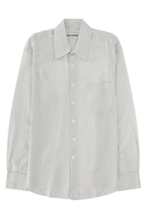 Our Legacy men’s above shirt white is a light gray and white striped button-down shirt with classic collar and chest pocket