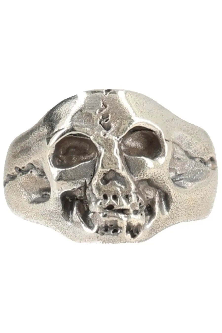 Our Legacy men’s anello cranium silver ring featuring a textured silver skull with intricate detailing and a matte finish