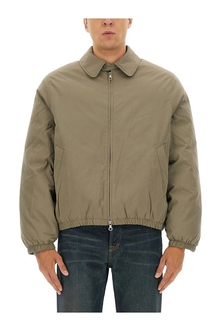 Our Legacy men’s Avenue Smurf green khaki quilted bomber jacket with collar and elastic cuffs
