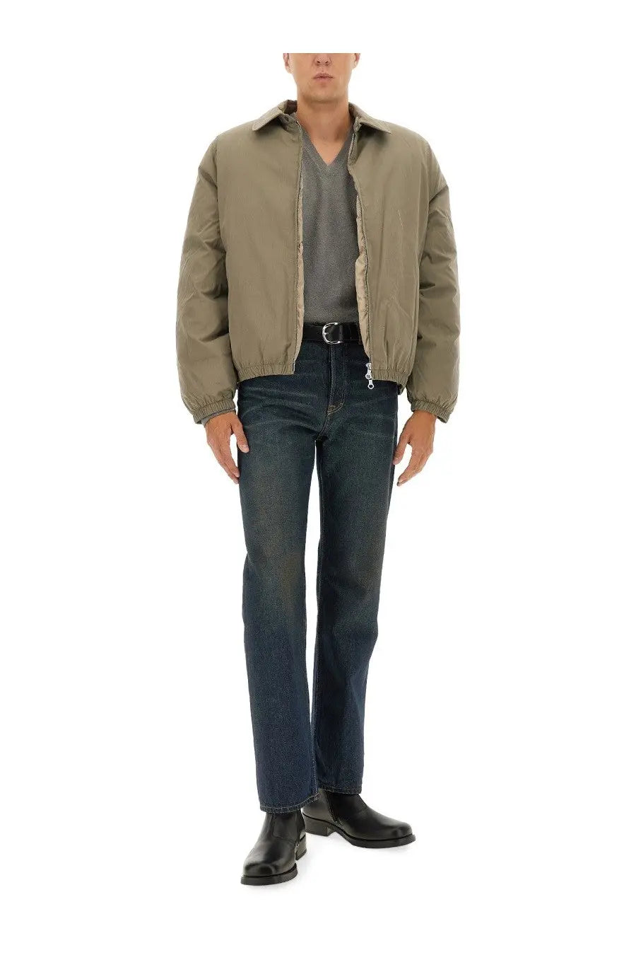 Our Legacy men’s Avenue Smurf olive green padded jacket with collar and elastic cuffs is warm and stylish