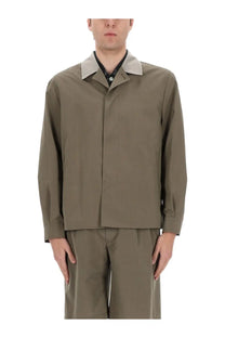 Our Legacy men’s blazer jacket pack beige olive green long-sleeved jacket with light gray collar and button closure