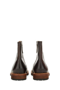 Our Legacy men’s boot engine brown dark brown leather ankle boots with sturdy rubber sole and visible side stitching