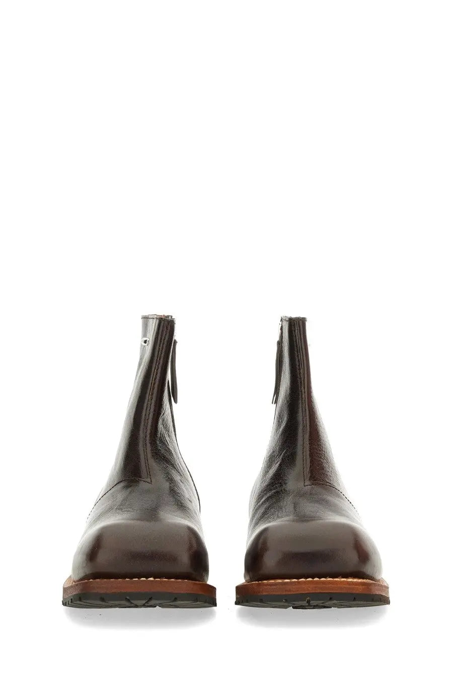 Dark brown leather ankle boots with glossy finish and contrasting tan soles from Our Legacy mens boot engine brown