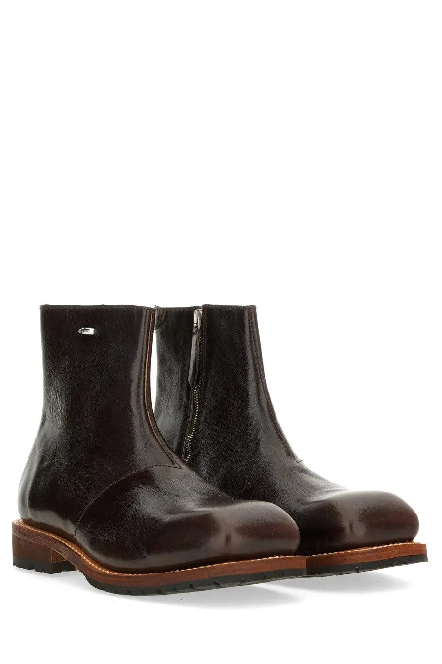 Our Legacy men’s boot engine brown dark brown leather ankle boots with polished finish and contrasting tan soles