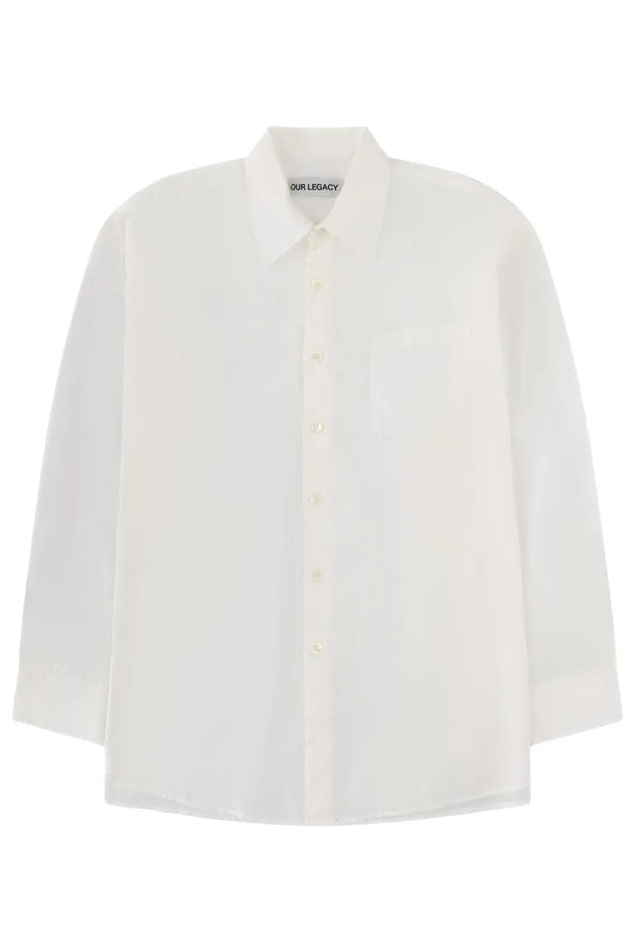 Our Legacy men’s borrowed shirt white minimalist button-down with clean collar and subtle sheen featuring brand label