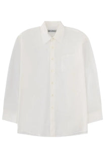 Our Legacy men’s borrowed shirt white minimalist button-down with clean collar and subtle sheen featuring brand label