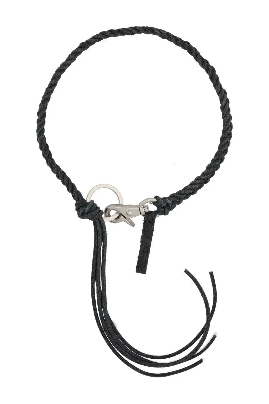 Our Legacy men’s braided ladon necklace black featuring a black braided rope with silver clasp and leather tag