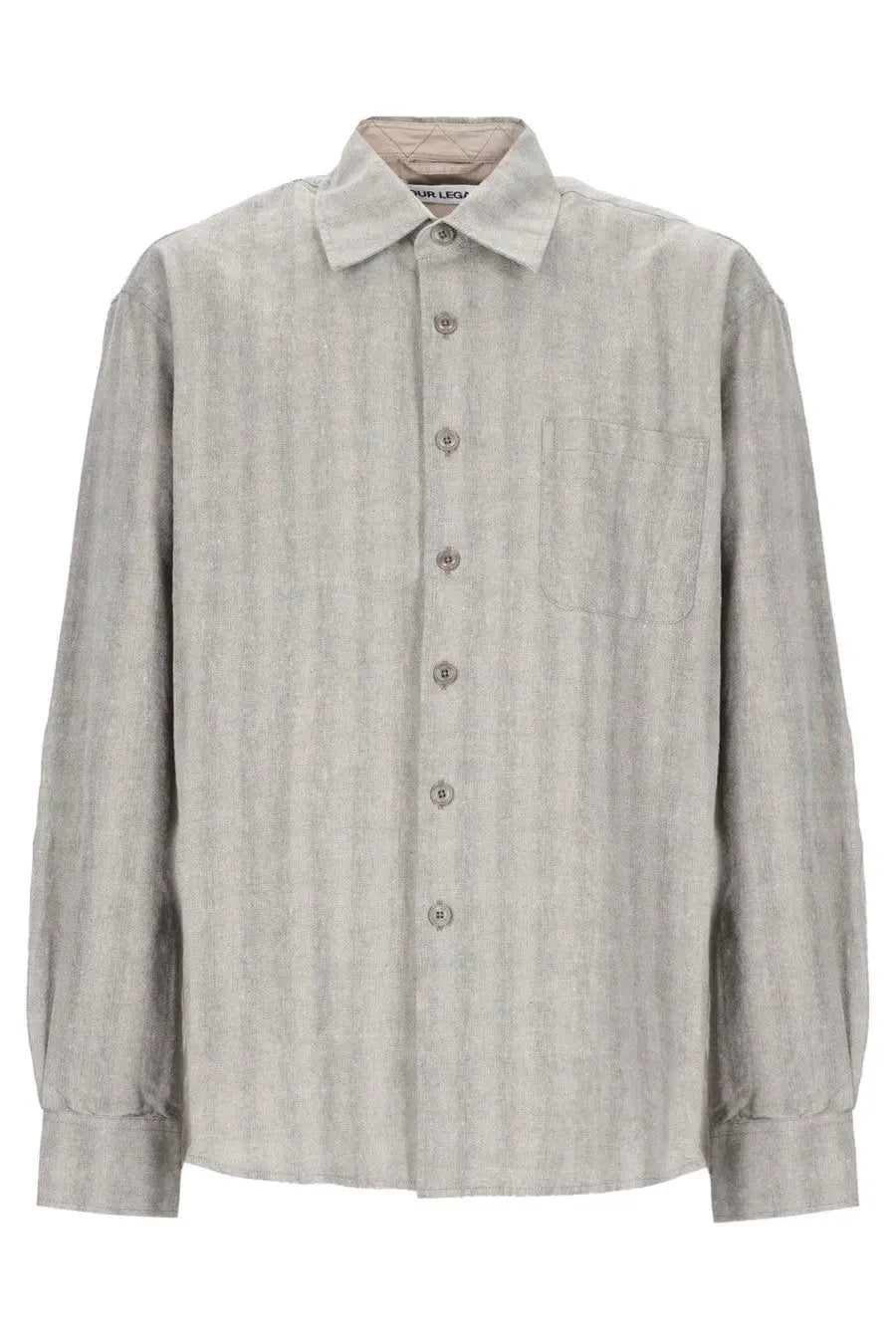 Our Legacy men’s grey button-down shirt in cotton linen blend with subtle textured pattern and matching buttons