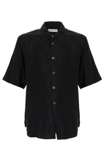 Our Legacy men’s Camicia black short-sleeved button-up shirt in cupro with a minimalist design and subtle sheen