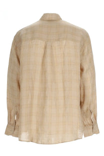 Our Legacy men’s camicia beige plaid button-down shirt with subtle grid pattern in lightweight linen material