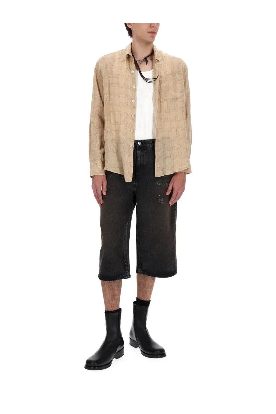 Our Legacy men’s camicia beige plaid button-up shirt with subtle texture linen fabric and classic collar