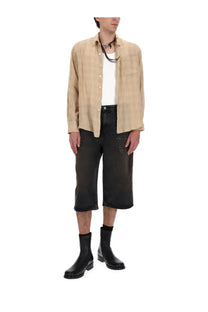 Our Legacy men’s camicia beige plaid button-up shirt with subtle texture linen fabric and classic collar