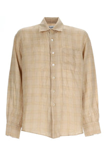 Our Legacy men’s camicia in lino beige plaid linen button-down shirt with subtle vertical and horizontal stripes