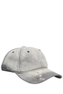 Our Legacy men’s cappello da baseball cap in denim grey with faded grey denim and distressed stitching detail