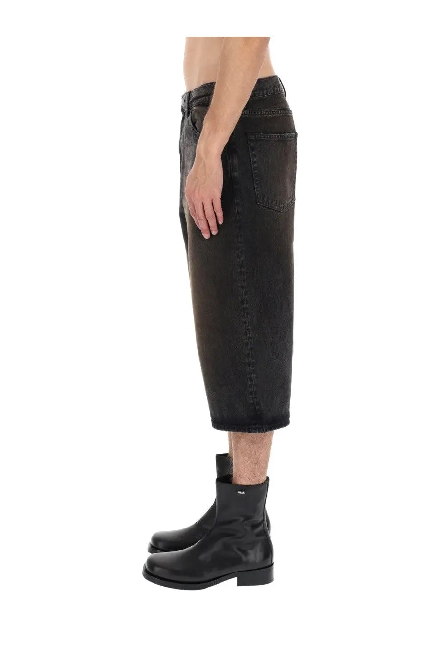 Our Legacy men’s capri cut shorts in green denim with relaxed cropped fit and subtle fading