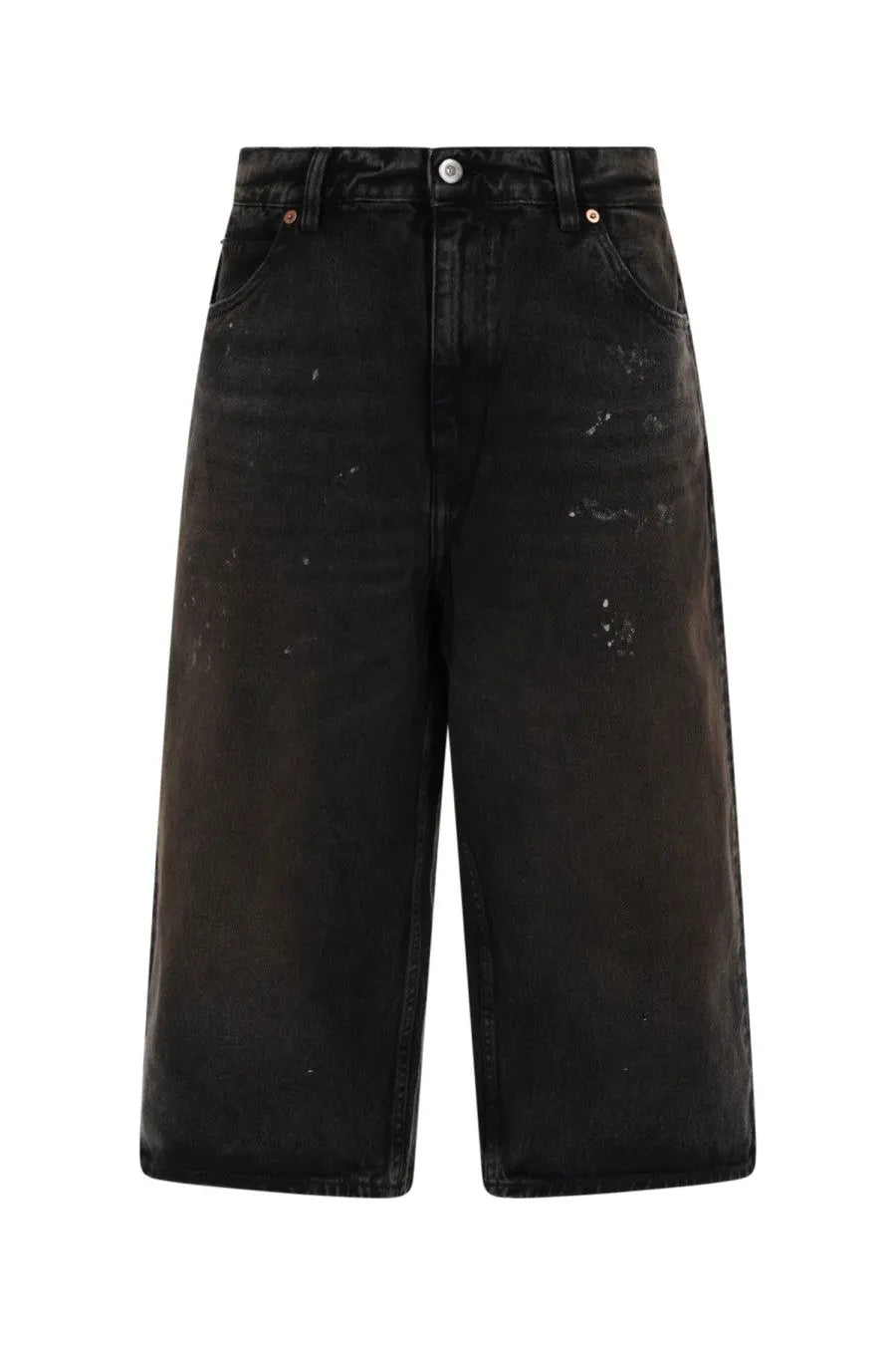 Our Legacy men’s capri cut shorts in green distressed denim with high waist and wide legs front view