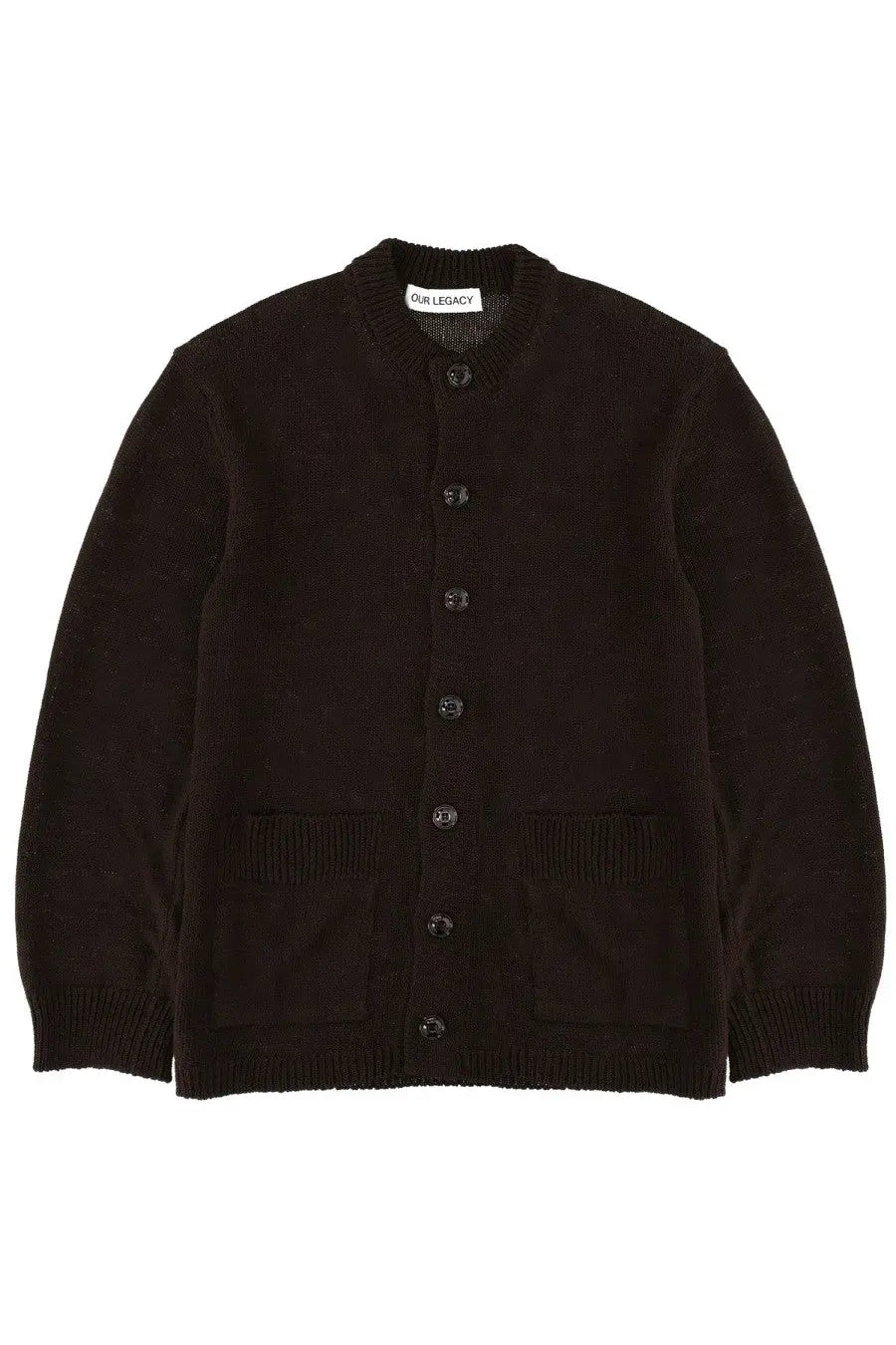 Black knit cardigan with classic button-front design and ribbed cuffs collar and hem from Our Legacy