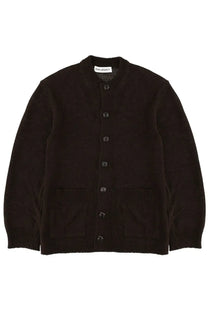 Black knit cardigan with classic button-front design and ribbed cuffs collar and hem from Our Legacy