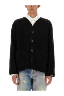 Our legacy men’s cardigan scollo black textured knit with dark gray buttons for stylish layering