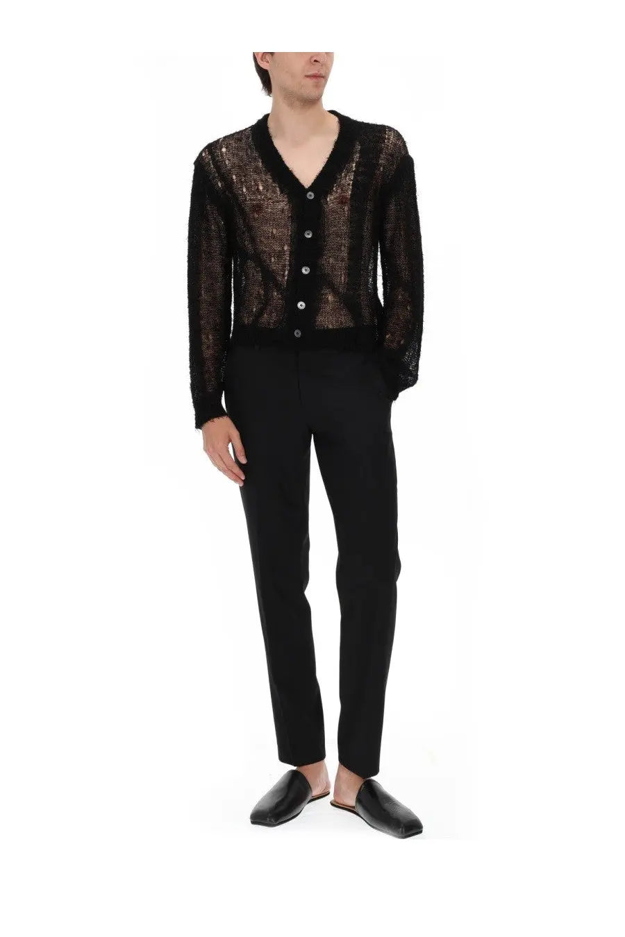 Our Legacy men’s cardigan Traforato black sheer with v-neck button closure and intricate textured pattern