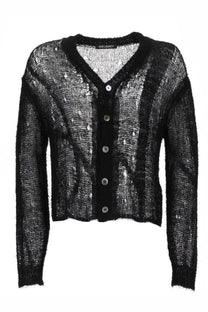 Our Legacy men’s cardigan Traforato black knit with textured fabric silver sequin accents and v-neck front detail