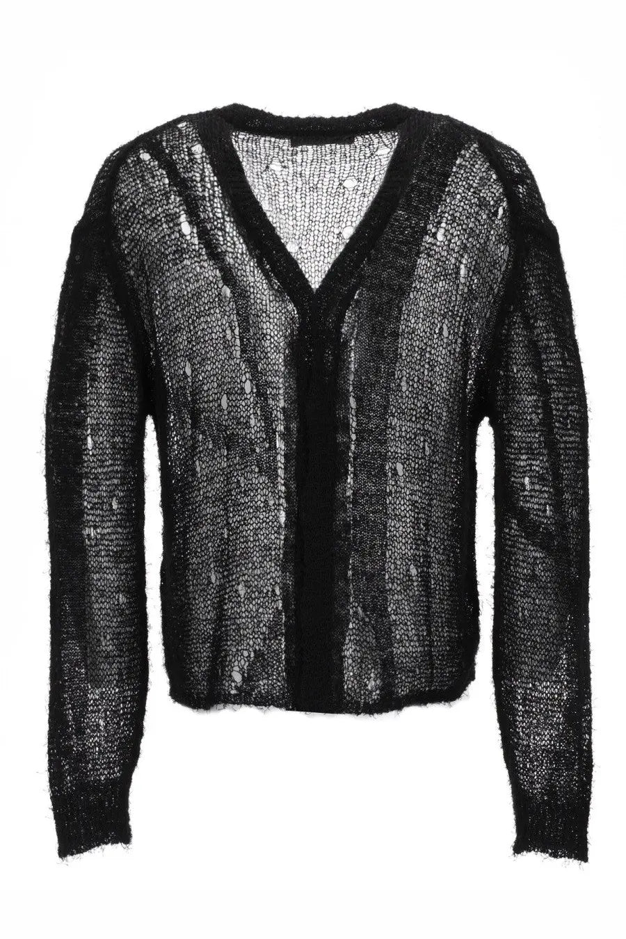Our Legacy men’s cardigan Traforato in black textured knit with v-neck and subtle shimmer