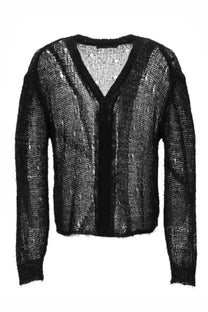 Our Legacy men’s cardigan Traforato in black textured knit with v-neck and subtle shimmer