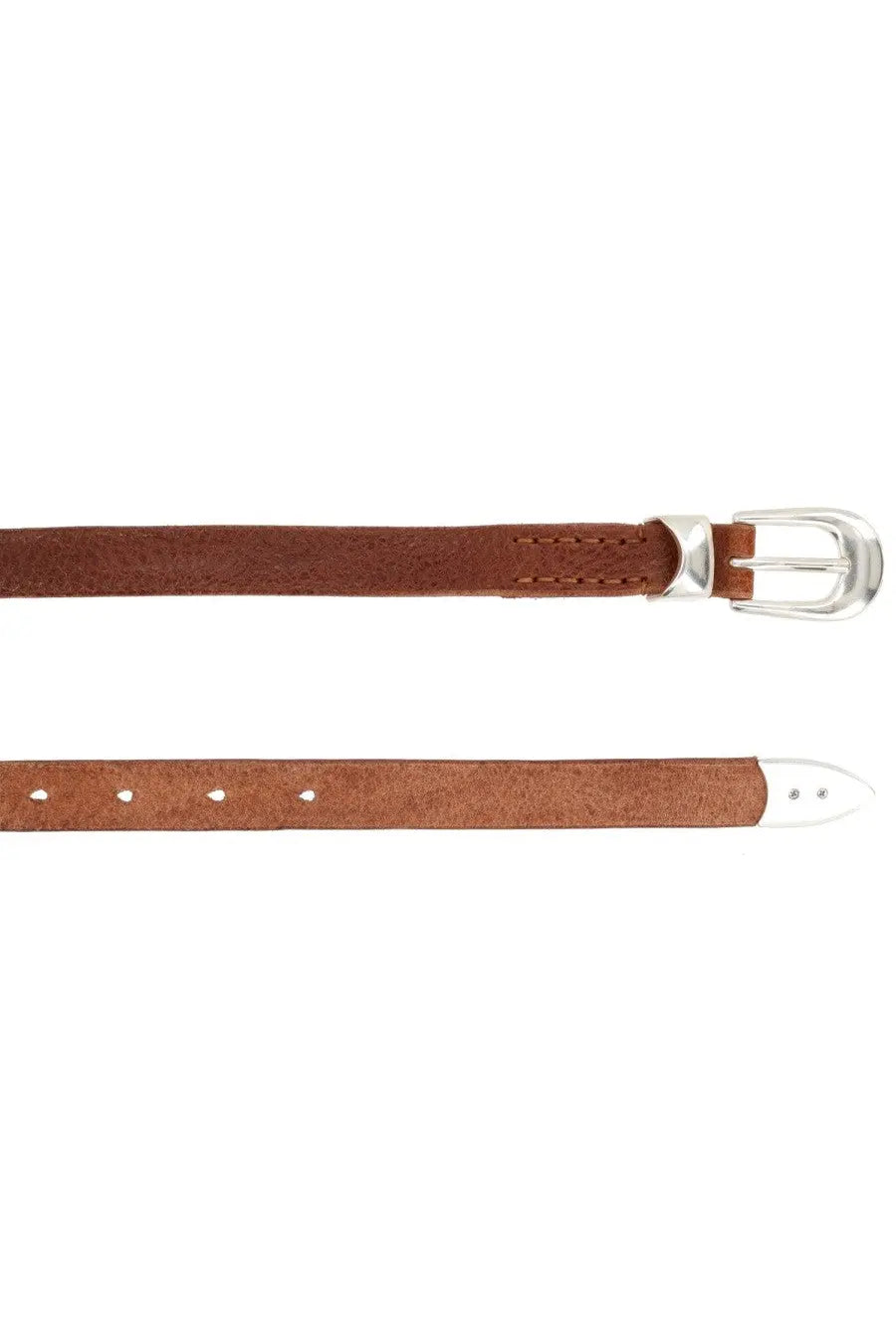 Brown suede belt with silver toned buckle and white tipped ends from our legacy men’s cintura in pelle brown