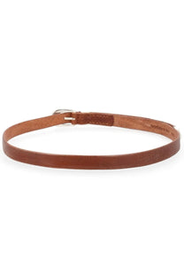 Our Legacy men’s cintura in pelle brown tan leather belt with silver buckle and visible edge stitching