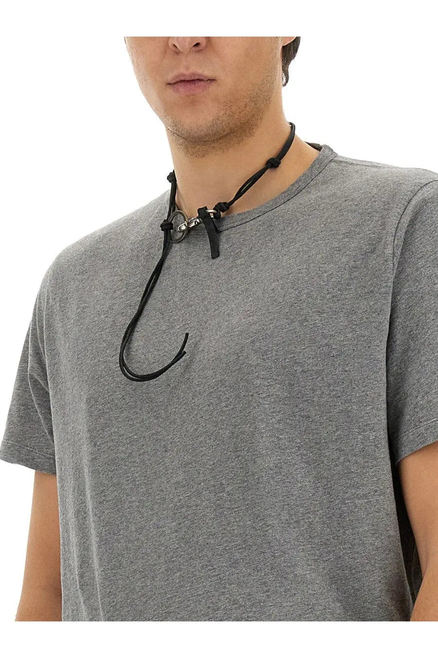 Black corded necklace with silver-toned circular clasp paired with our legacy men’s grey cotton shirt front view