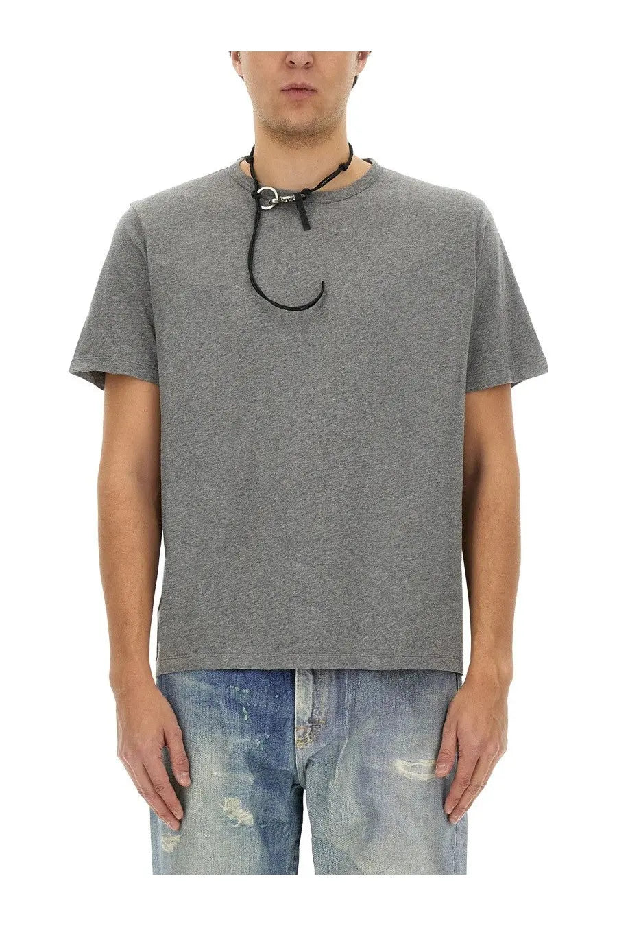 Our Legacy men’s cotton shirt grey featuring a gray heathered fabric with a black cord and metal clasp neckline