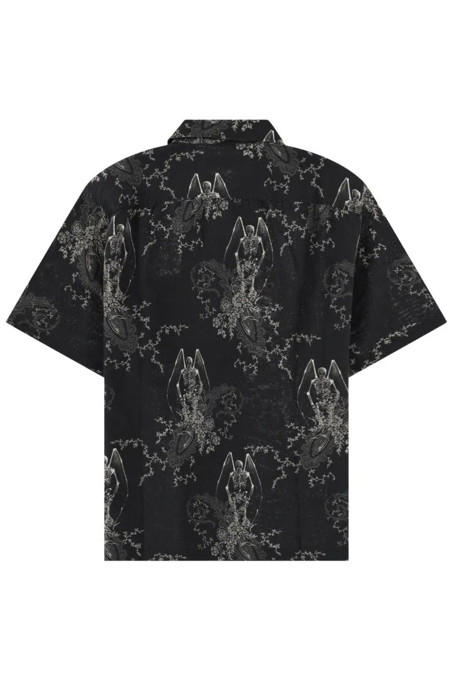 Our Legacy men’s Every Shirt black short-sleeved button-up with white angelic graphic and floral ornate print