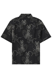 Our Legacy men’s Every Shirt black short-sleeved button-up with white angelic graphic and floral ornate print