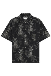 Our Legacy men’s black short-sleeved button-up shirt with white angelic wing and floral graphic print