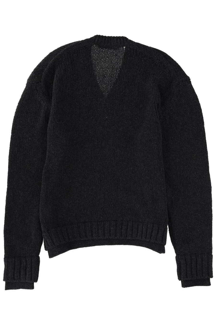 Our Legacy men’s black knitted sweater with textured ribbed neckline and cuffs in a false neck design