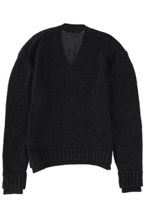 Our Legacy men’s black knitted sweater with textured ribbed neckline and cuffs in a false neck design